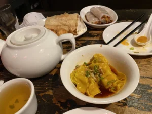 Spicy wontons served in chilli oil at Leong’s Legend London.