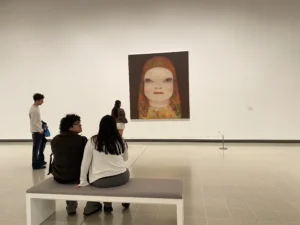 Huge painting of a little girl with iridescent tear at Yoshitomo Nara exhibit