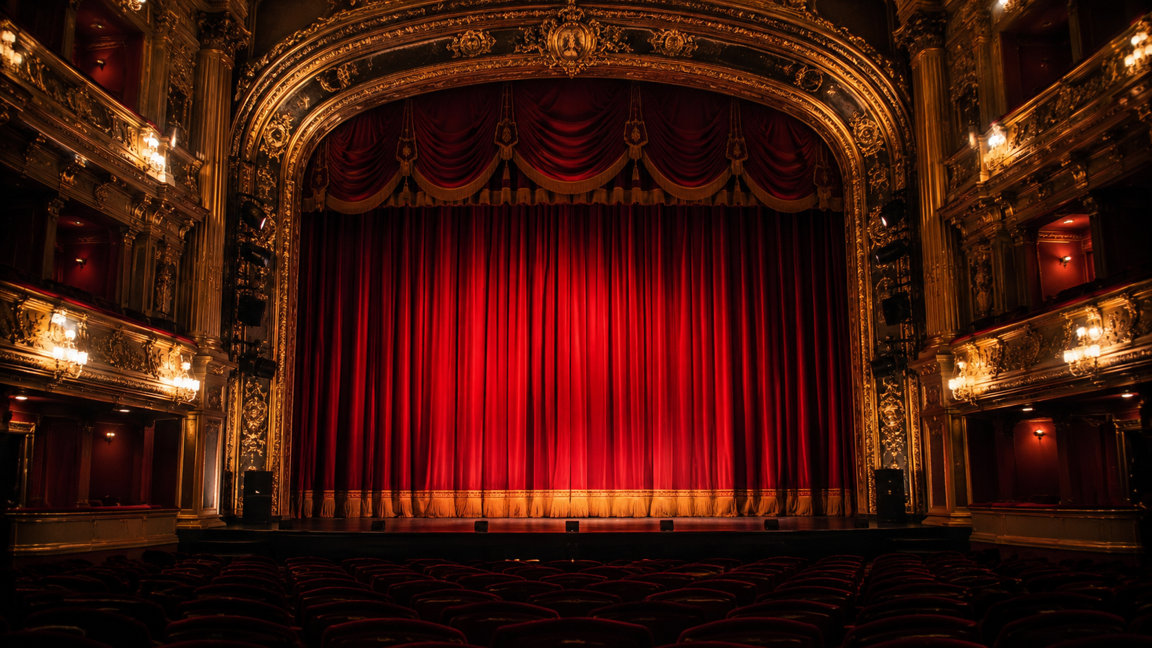 Red curtains inside an ornate London theatre auditorium