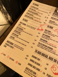 Food and drinks menu at Roti King Euston