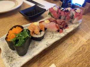 Assorted sushi and sashimi served during the all-you-can-eat dinner